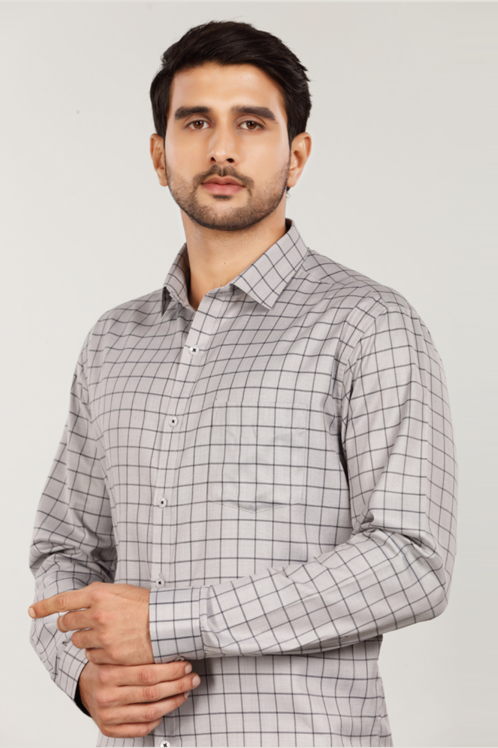 Men’s Grid Check Casual Shirt – Light Grey