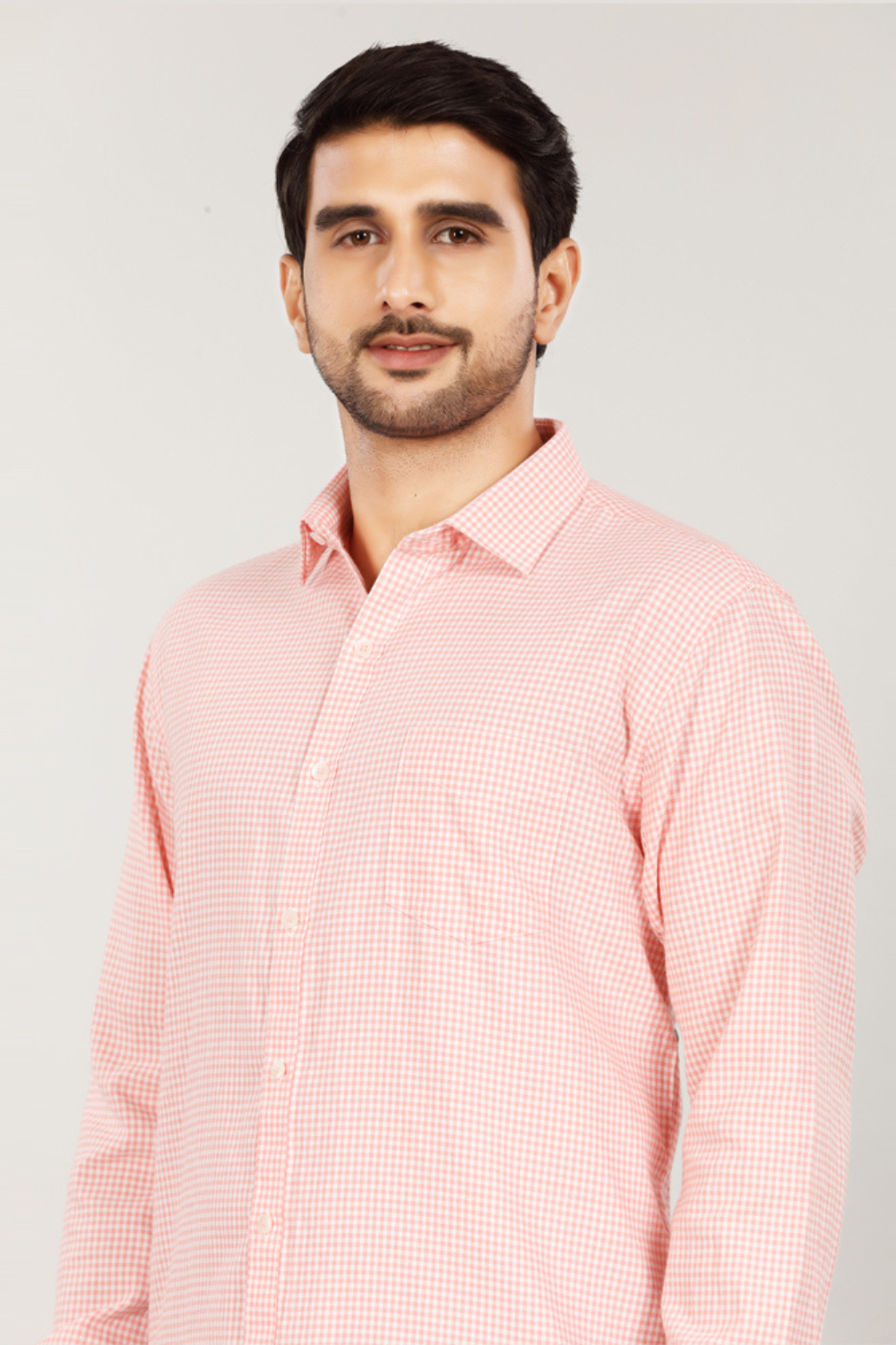 Men’s Micro Gingham Check Shirt – Peach