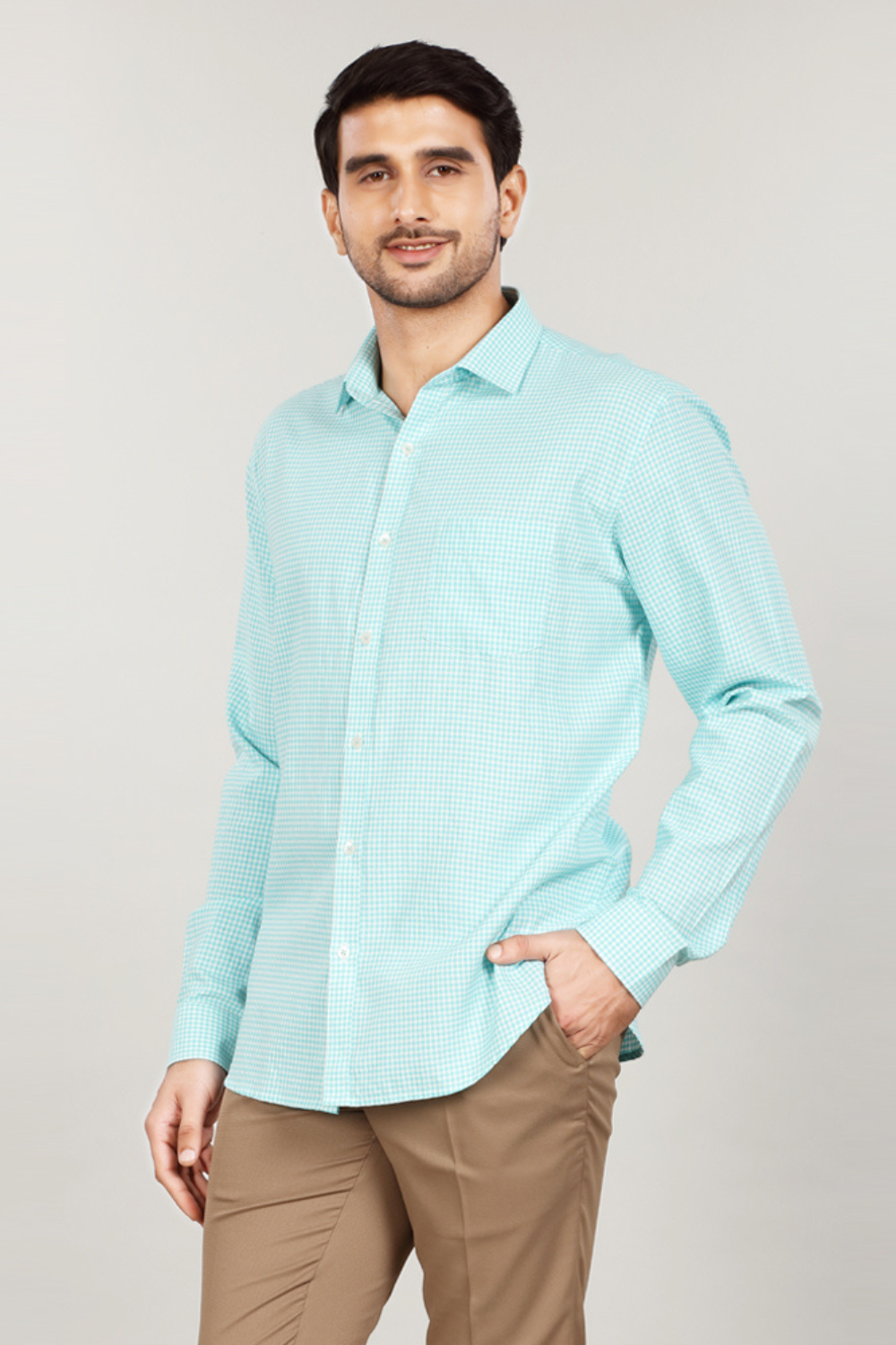 \Men’s Micro Gingham Check Slim Fit Shirt – Aqua Blue