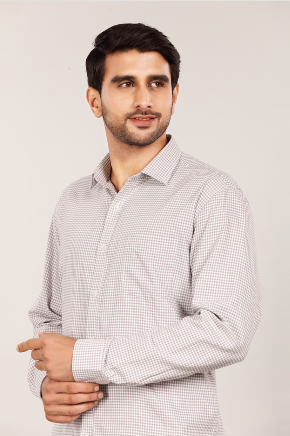 Men’s Micro Gingham Check Slim Fit Shirt – Light Grey