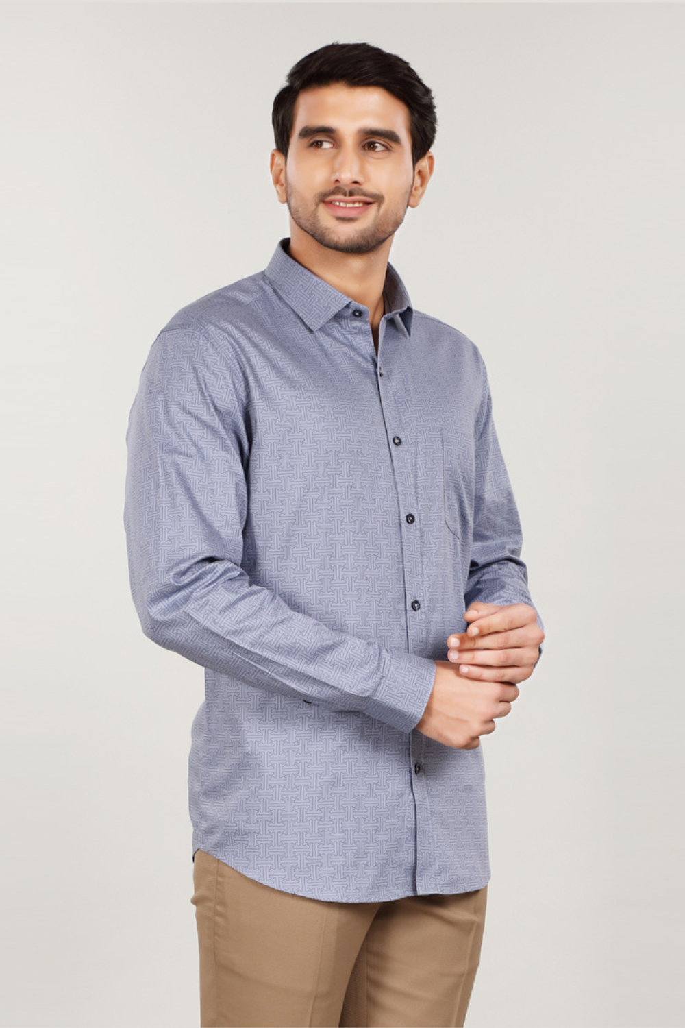 Men’s Micro-Pattern Casual Shirt – Steel Blue