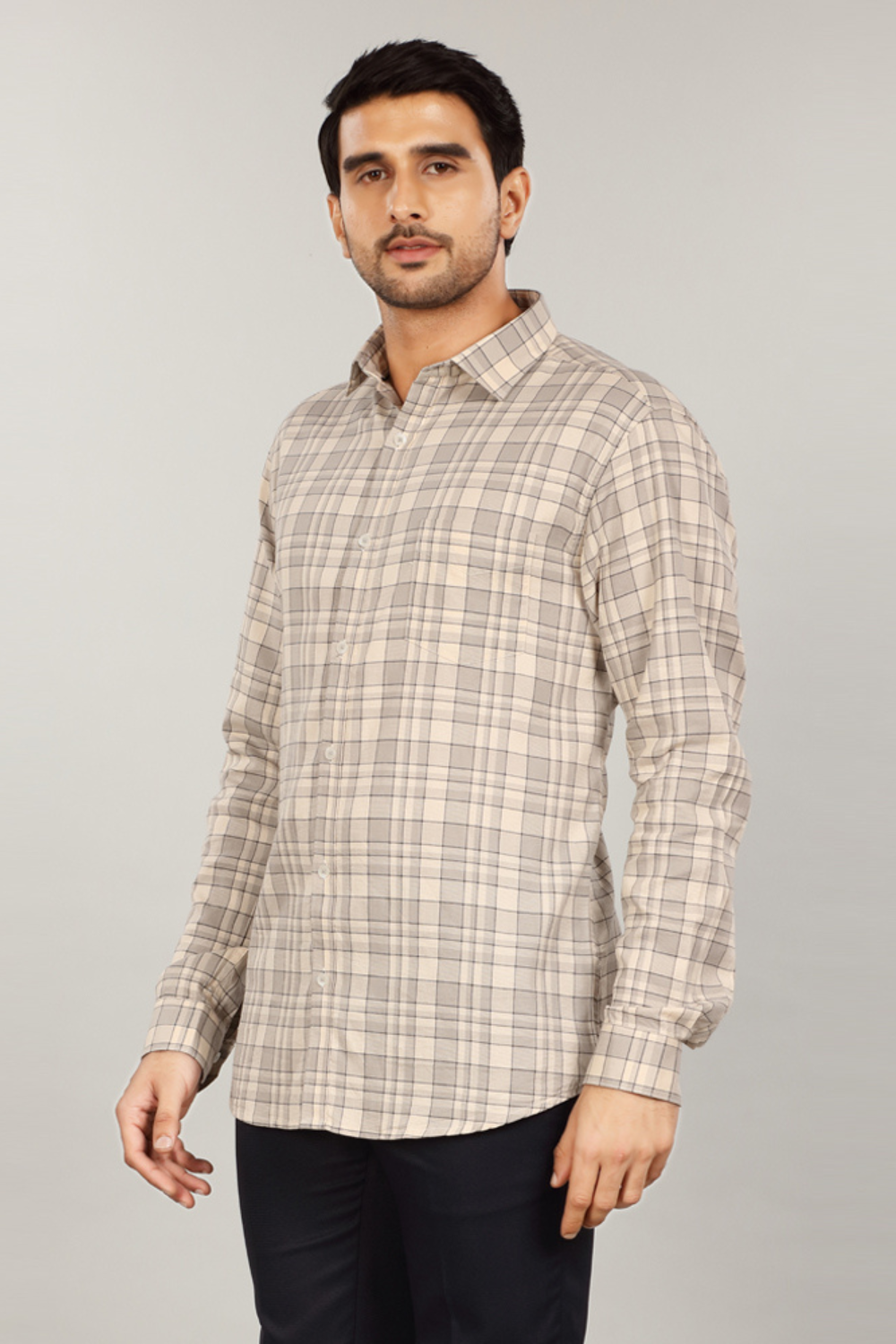 Men’s Multi-Check Casual Shirt – Beige