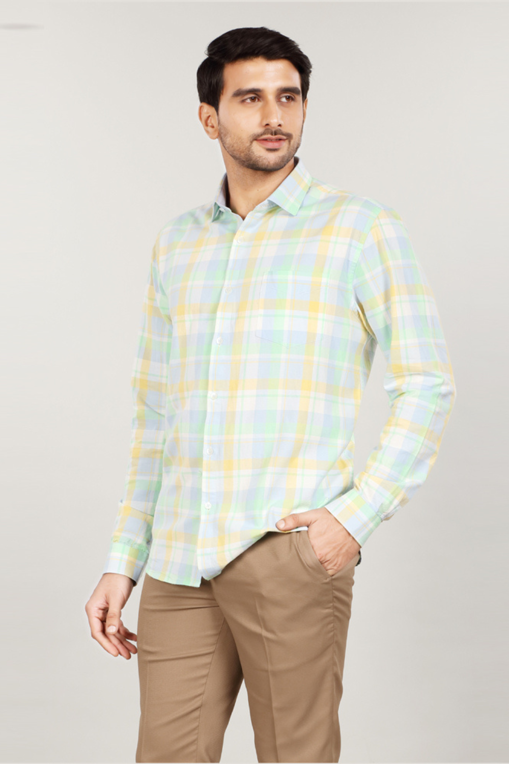 Men’s Pastel Windowpane Check Casual Shirt – Mint Yellow