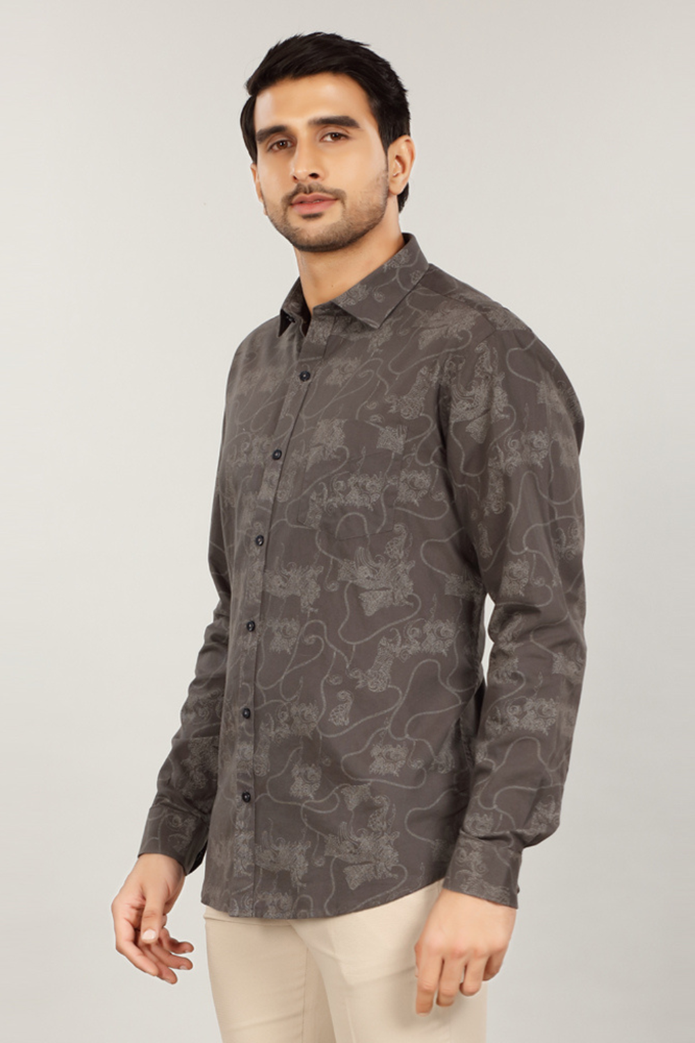 Men’s Tonal Floral Print Slim Fit Shirt – Charcoal Brown