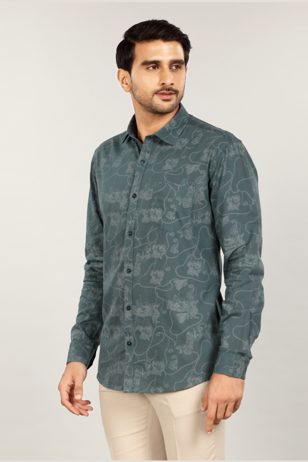 Men’s Tonal Floral Print Slim Fit Shirt – Teal Green