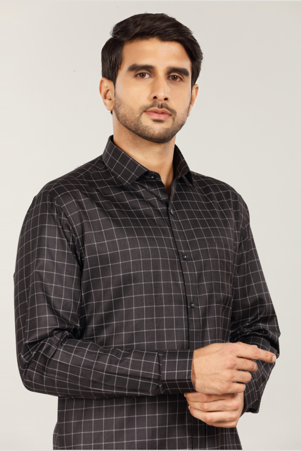 Men’s Windowpane Check Formal Shirt – Black