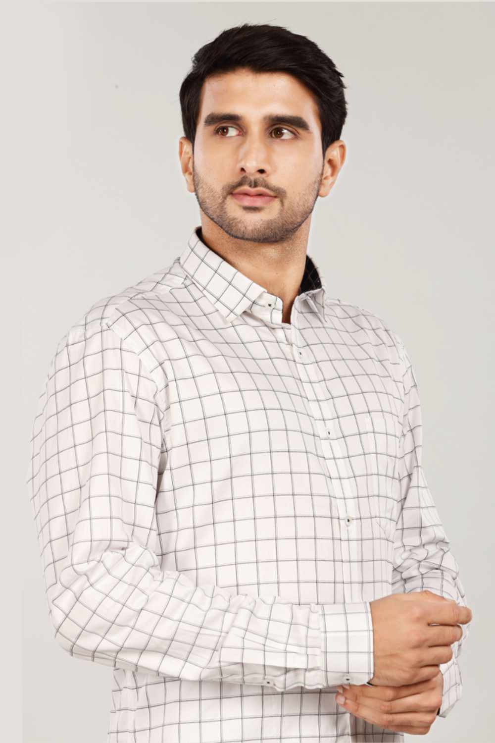 Men’s Fine Windowpane Check Shirt – White
